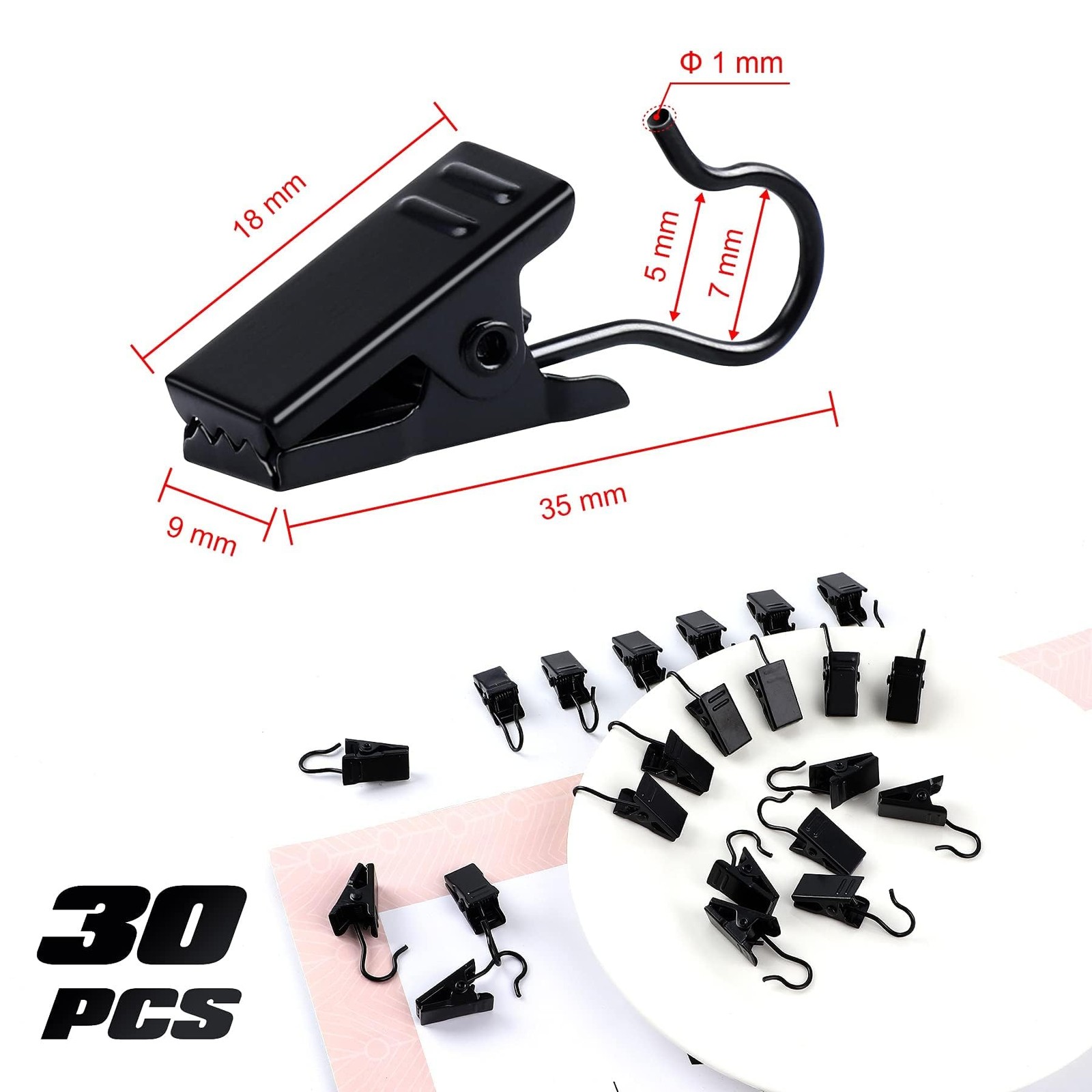 JANYUN 30 Pack Small Heavy-Duty Hook Clip Set Metal Curtain 30 Black, Black