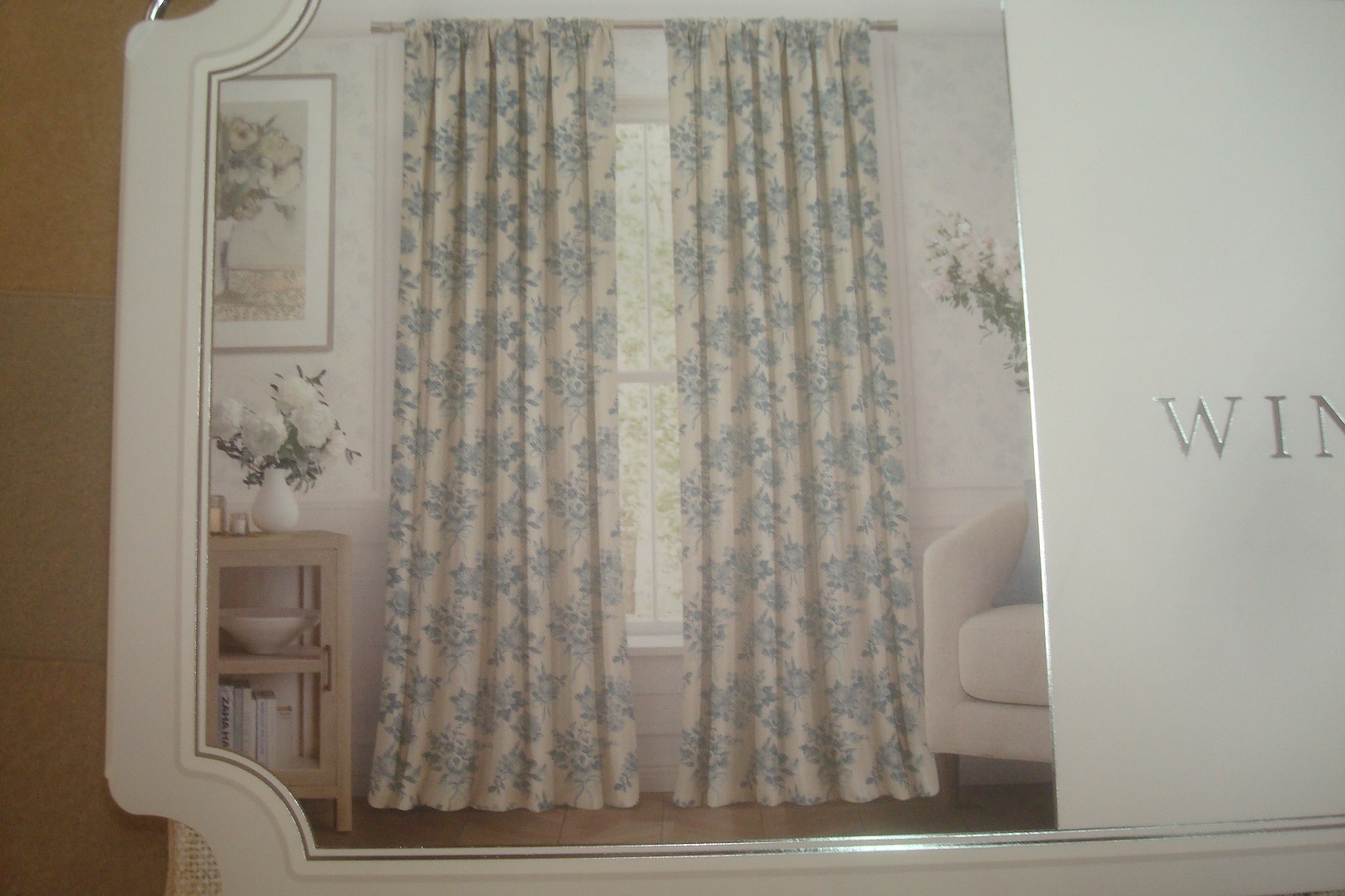 NWT Envogue 2 pc Window Curtain Panels Roses & Ribbons Floral Blue 84″ lg