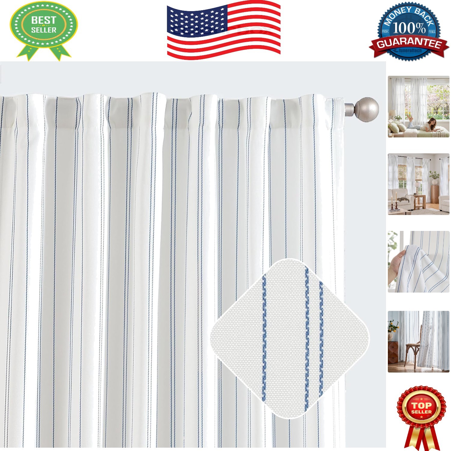 White & Blue Striped Curtains, 84″ Length – Stylish Window Treatment Pack of 2