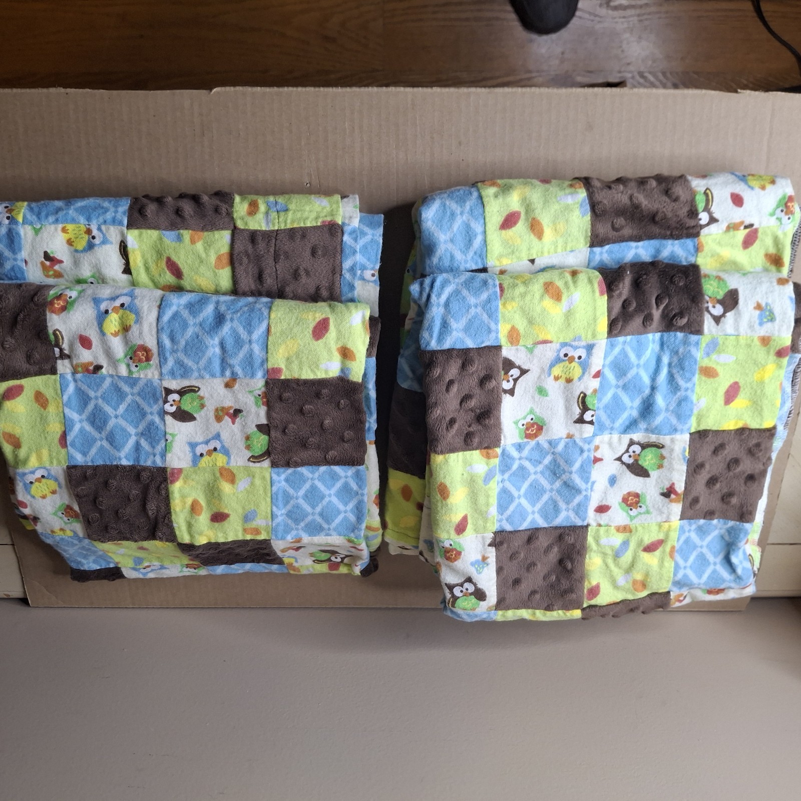 Homemade Curtain Panels 40W X 42L Patchwork Owls Blue Brown Set Of 4 Panels
