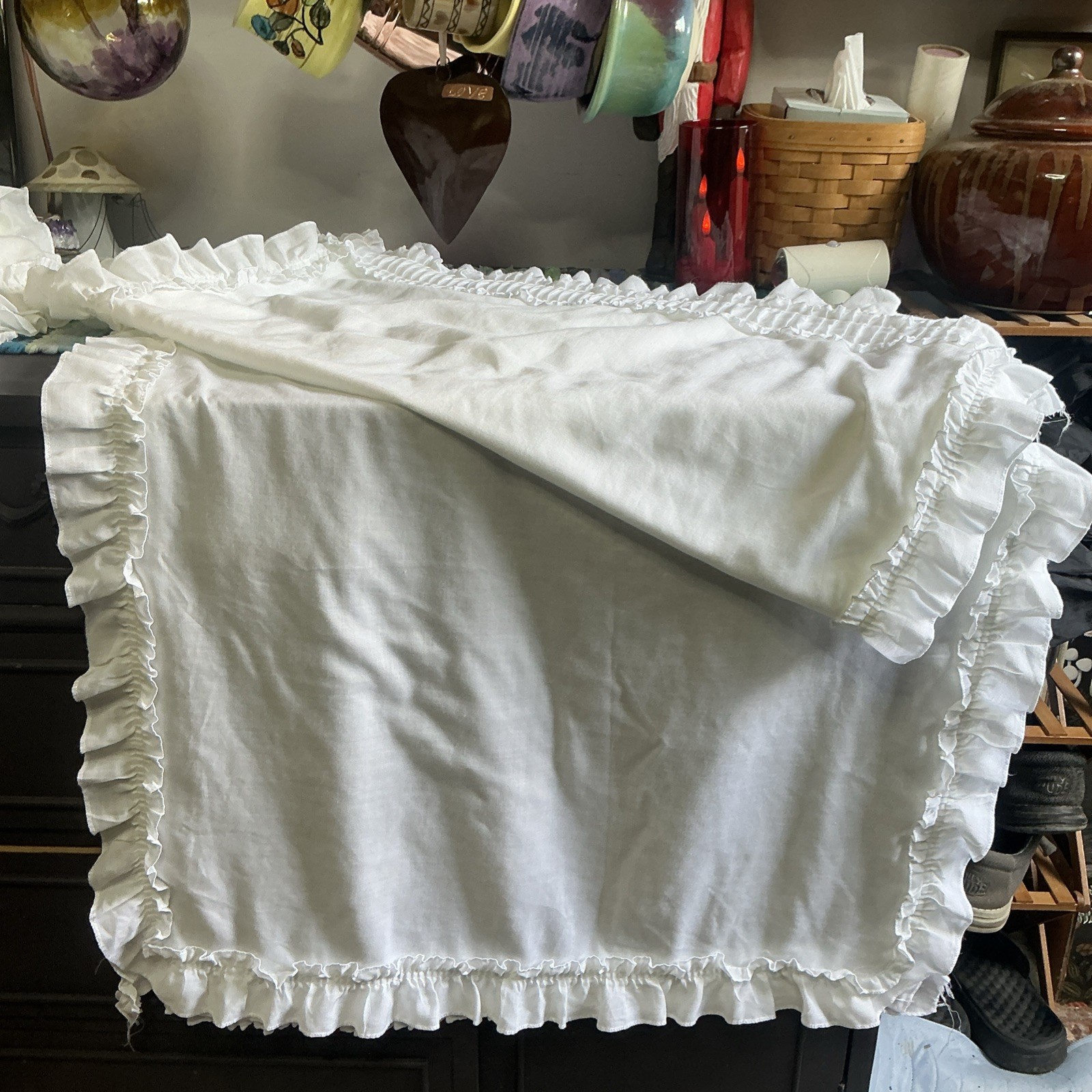 (1 Set + Tiebacks) Vintage White Ruffle Cafe Curtains 28×58” Each A42