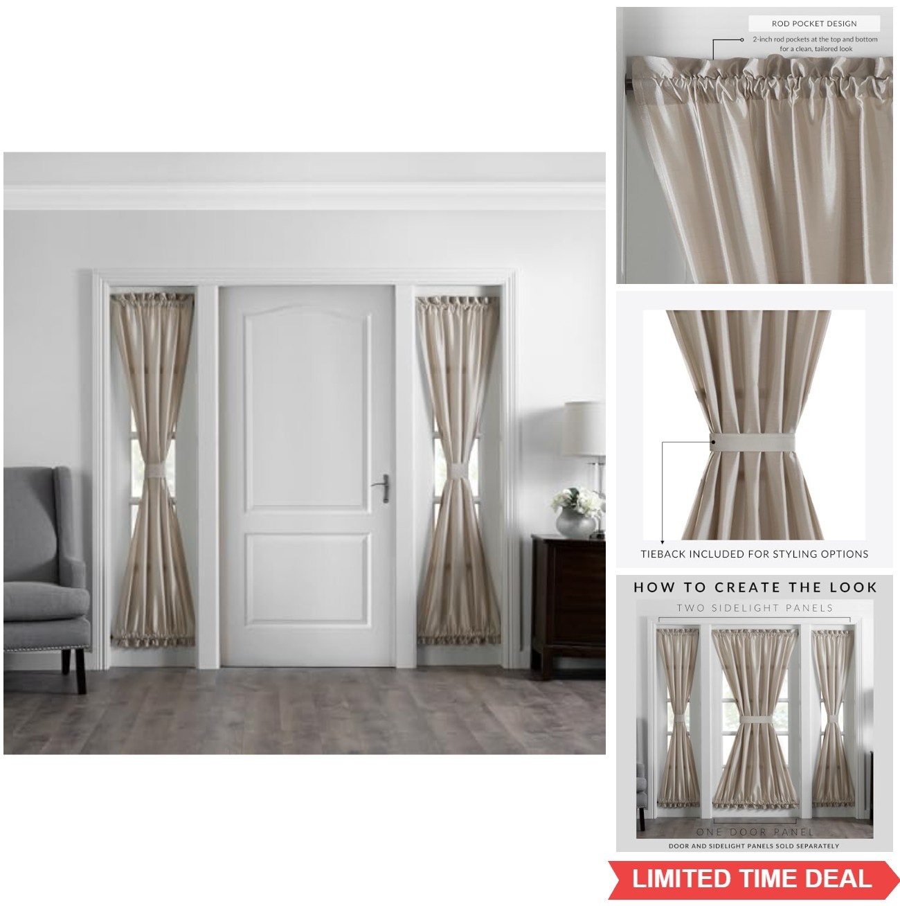 Faux Silk Side Door Window Panel 28×72 Inch Light Filtering Tie Back Rod Pocket