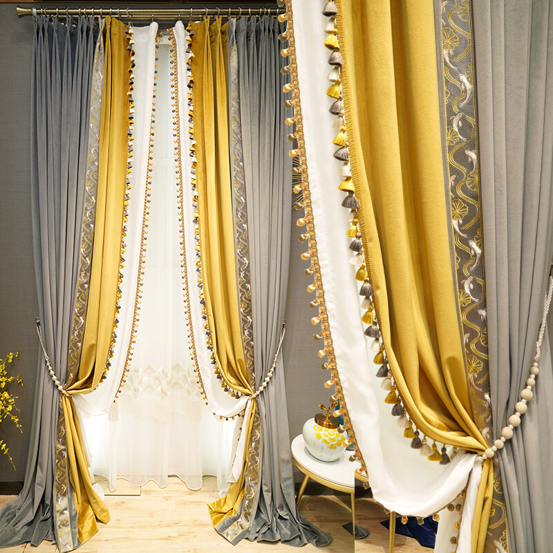luxury American flannel grey thick velvet cloth blackout curtain drape C918