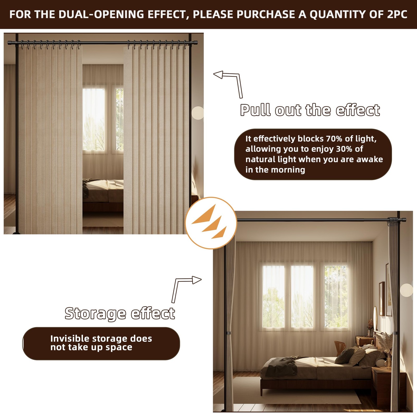 Folding Room Divider Curtain â€“ Lightweight Draping Bedroom Privacy Curtain, W