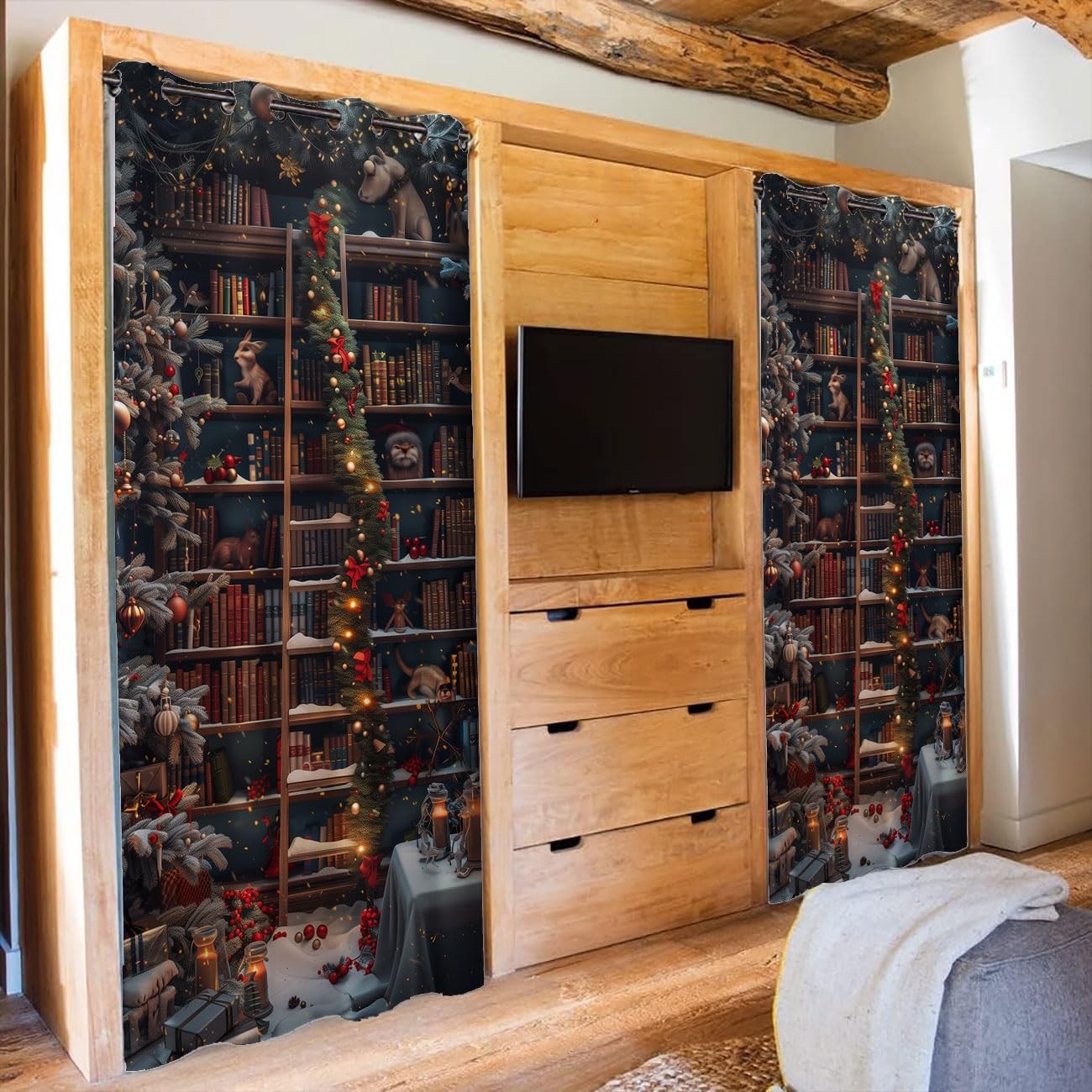 Christmas Bookshelf Door Curtain for Doorway, Fantasy Library Books Room Dark…