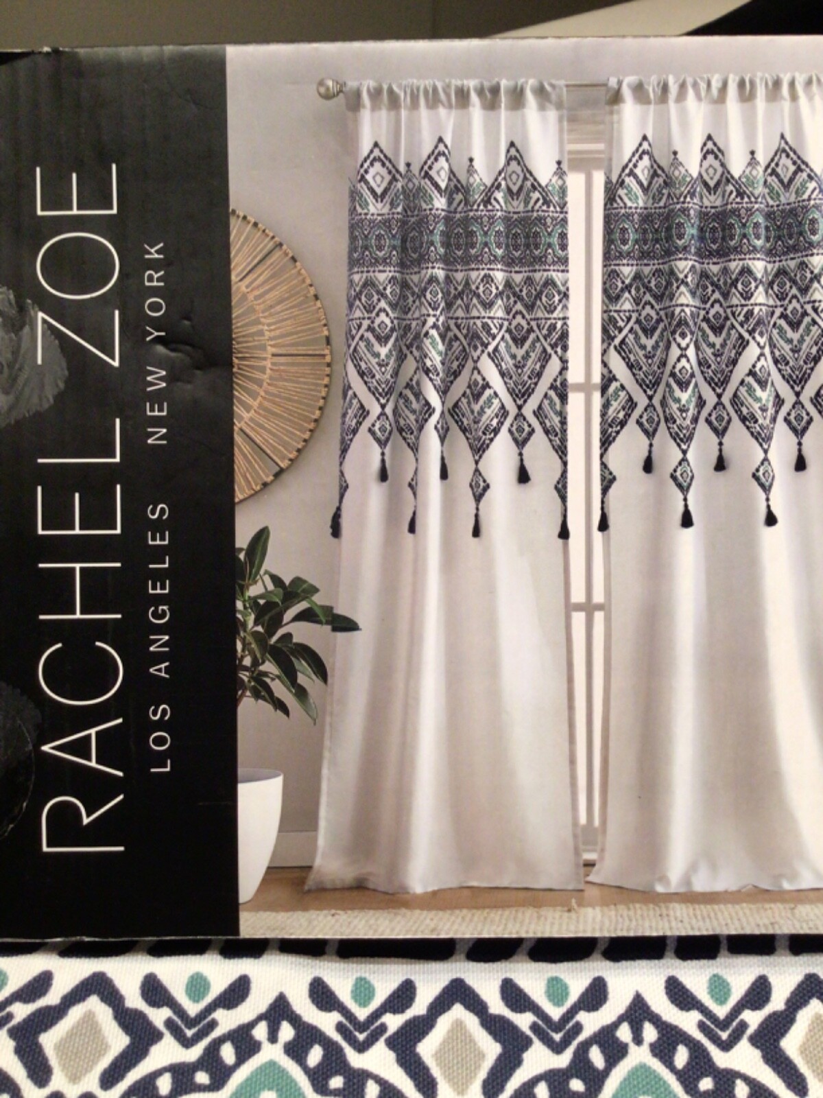 Rachel Zoe Curtains Drapes NEW 2 PC Set Medallion Blue, Green white 38 x 96 Rod