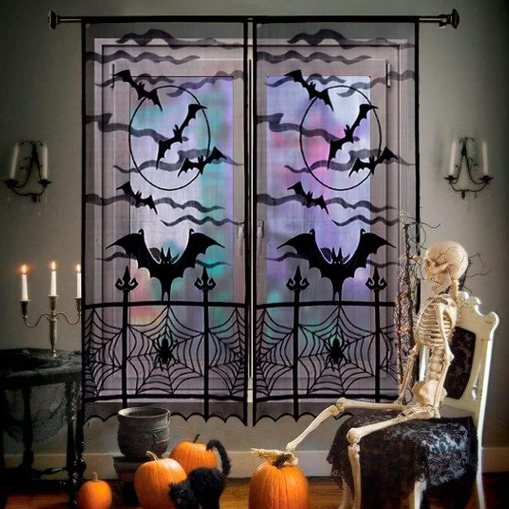 2Pcs Halloween Curtains Spider Web Bats Halloween Window Curtain, Black Lace Doo