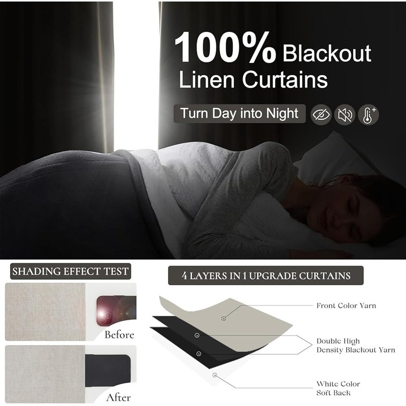 Blackout Linen Blend Curtains Insulating Noise Reducing Drapes Set of 2 New