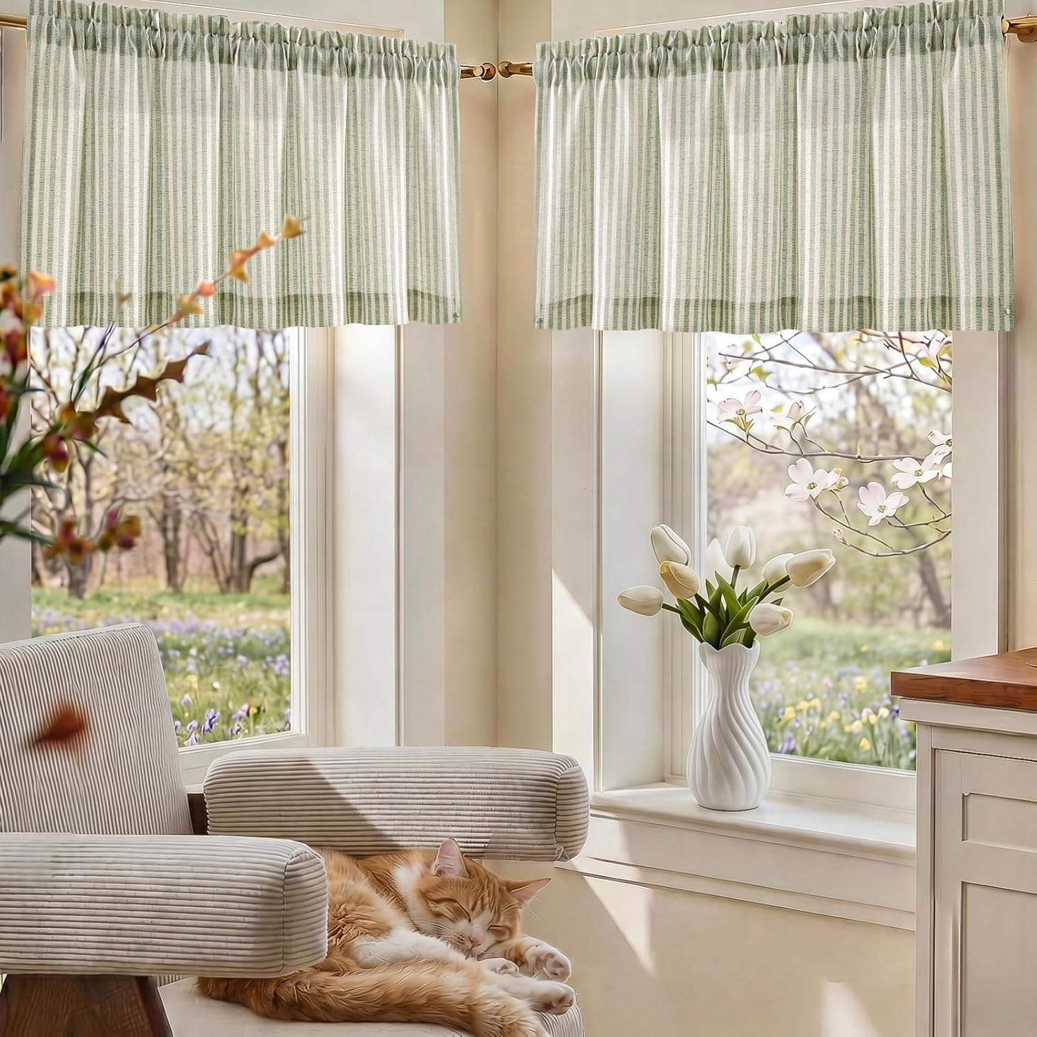 Linen Boxter Stripe Valances for Window 16 Inch,Sage Green,1 Panel | Light Filte