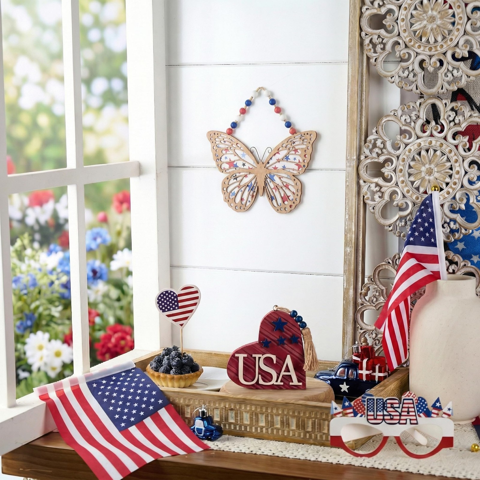 4th of July Wreath, Patriotic Wreath for Front Door, Red White and Blue Butterfl