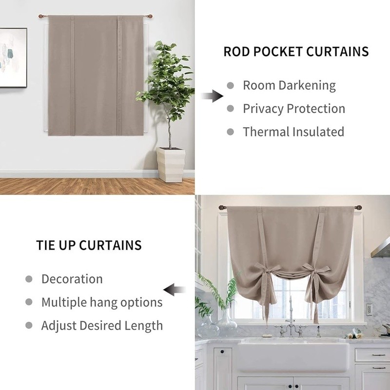 Adjustable Blackout Tie Up Curtains Soft Polyester Drapes Home Window Treatment