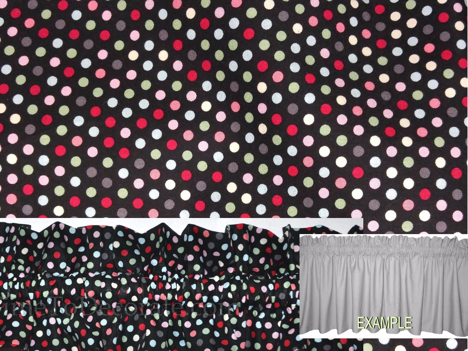 NEW MULTI 1/4″ pink gray green blue dots on black clown window valance
