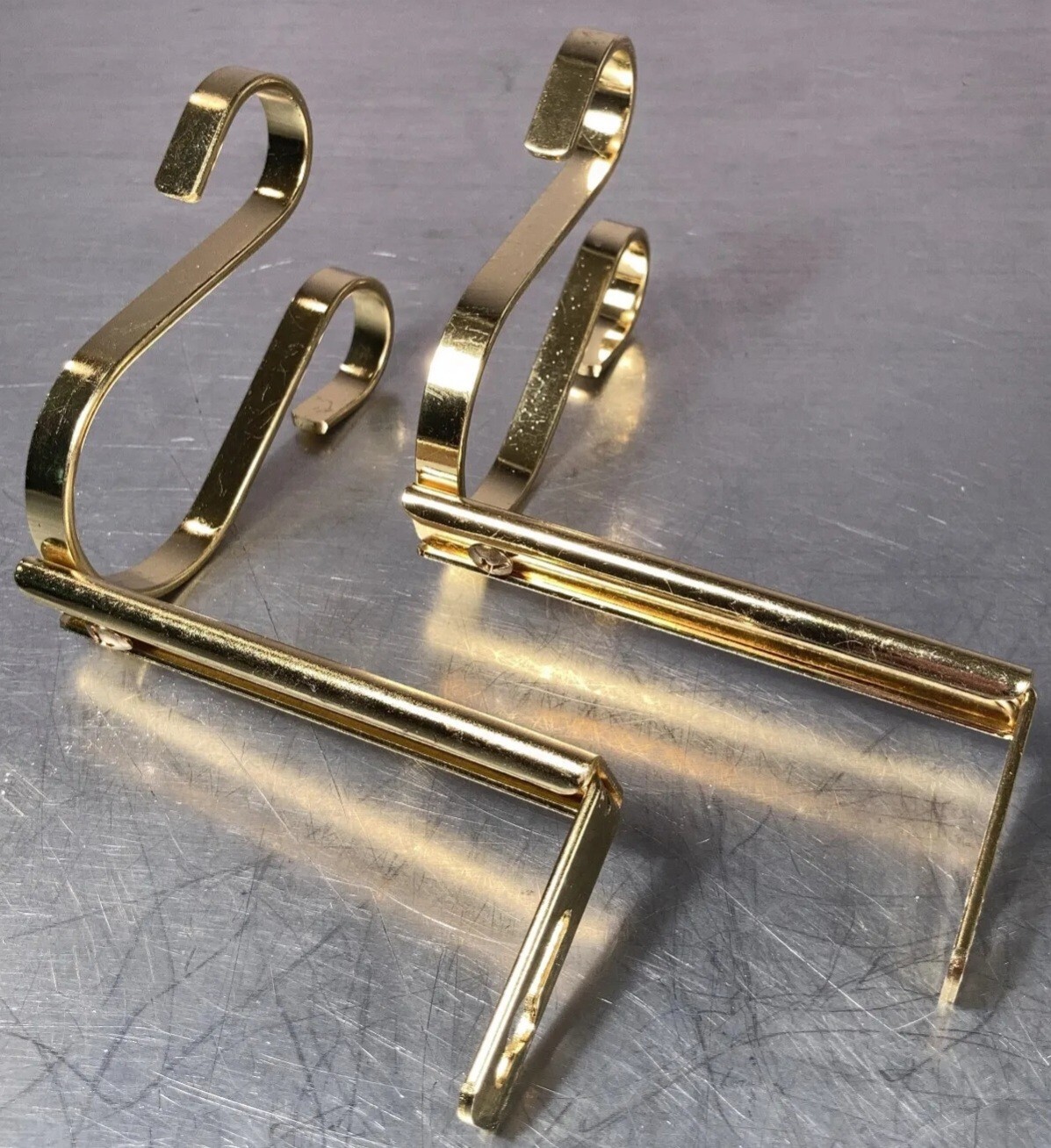Set 4 Double Gooseneck Swag Drapery Hooks Hook Rosettes Bishop Sleeve Brass Tone