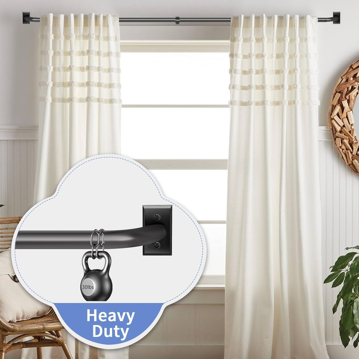 Black Curtain Rod Room Darkening Heavy Duty Modern Blackout Drapery 28-48 Inches