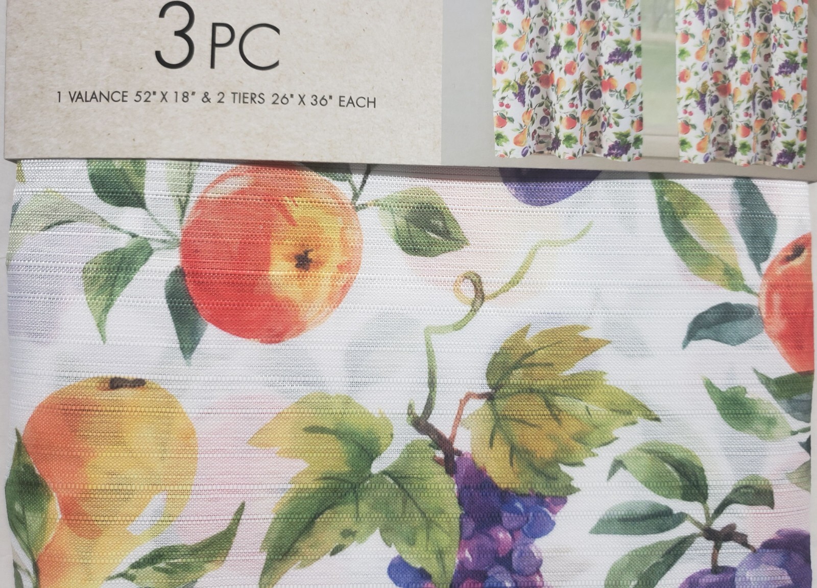 3pc Printed Kitchen Curtains Set:2 Tiers(26″x36″)&Valance(52″x18″)FRUITS,Tribeca