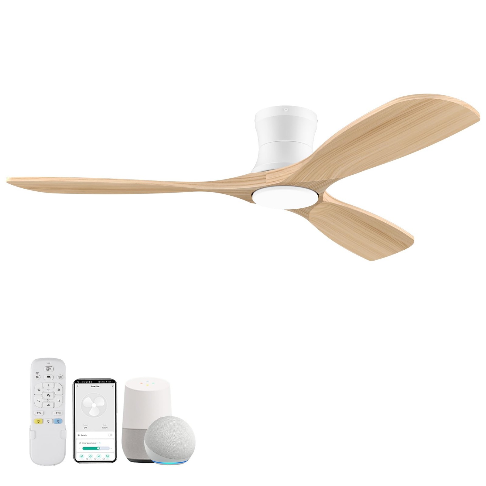 Livory 52” Wood Smart Flush Mount Ceiling Fans with Lights and Remote,Quie