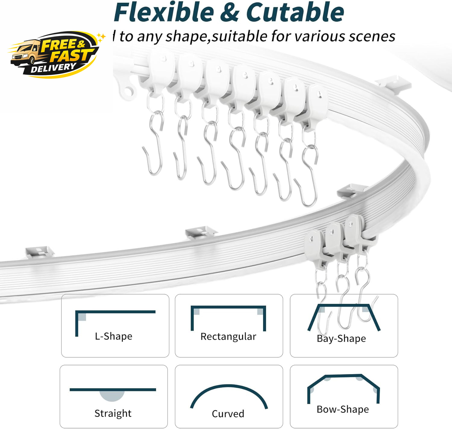 Flexible Bendable Ceiling Curtain Track, 9.8Ft (3M) Curved, PVC, Metal, Plastic
