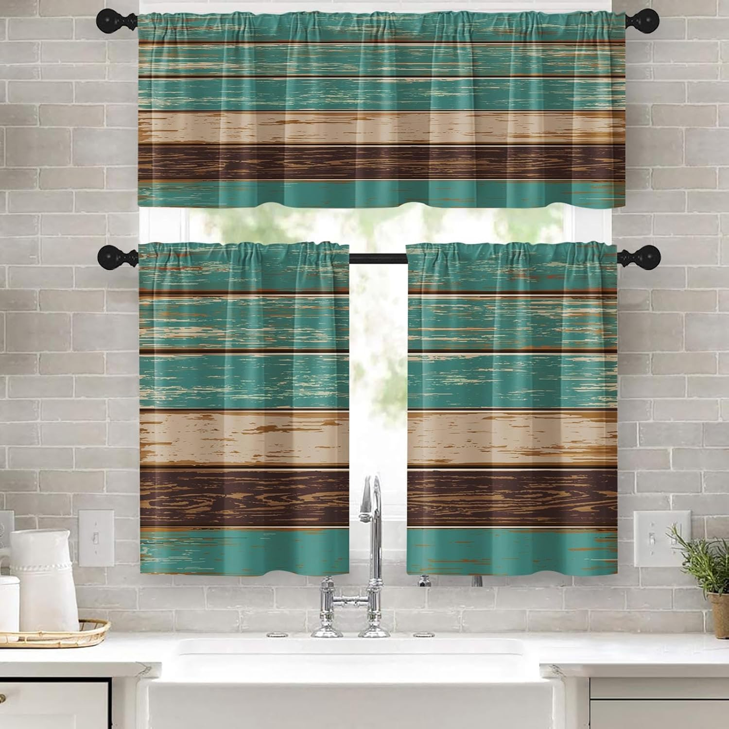 36 Inch Kitchen Curtains Teal and Brown Wooden Texture Window Curtains and Valan