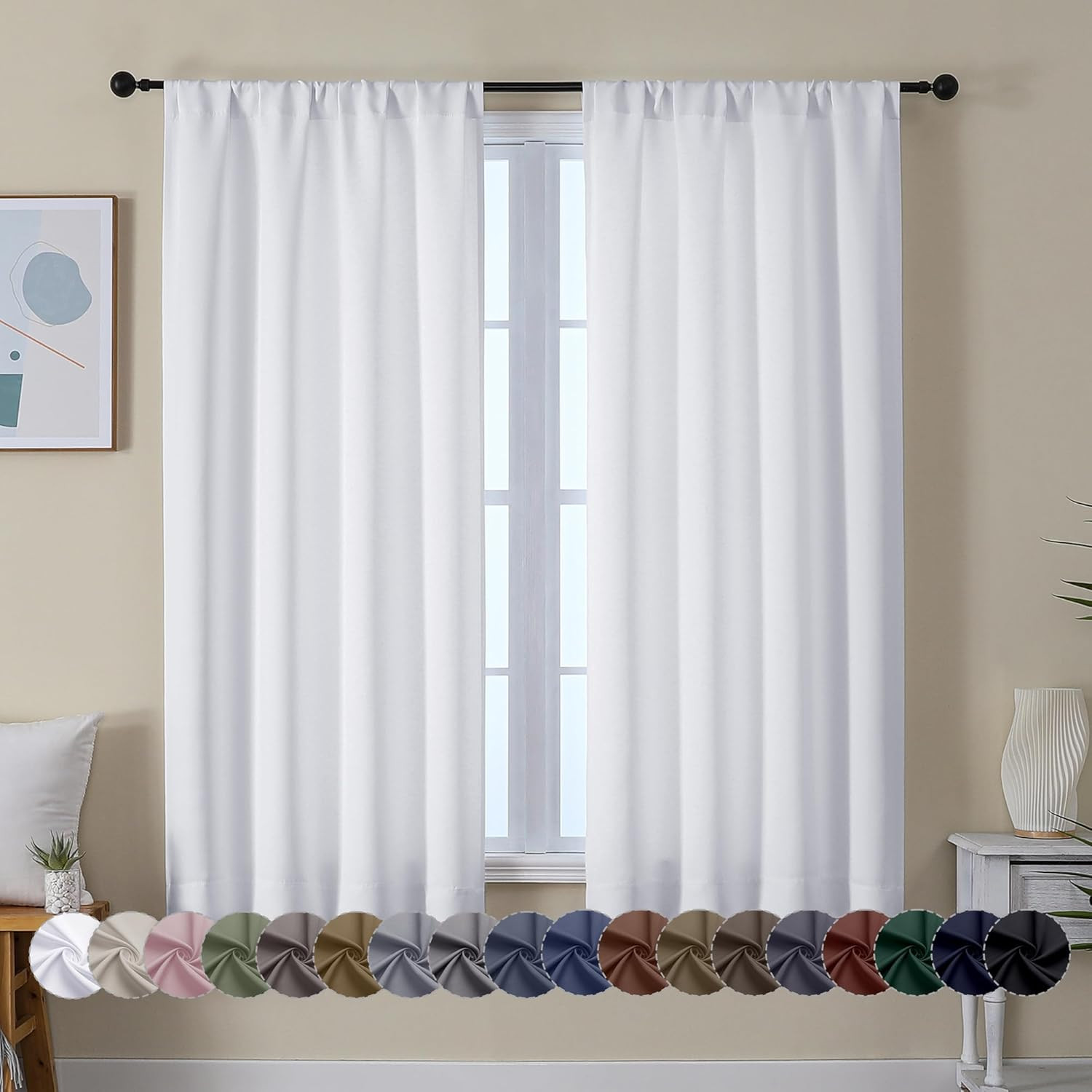 Ava Pure White Curtains for Bedroom 63 Inch Length 2 Panels Set, Light Filtering