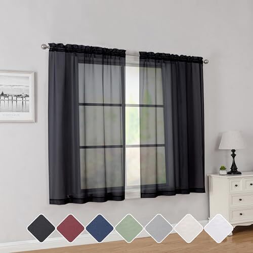 Short Sheer Curtains 45 Inch Length for Small Windows, Rod 42W x 45L Black