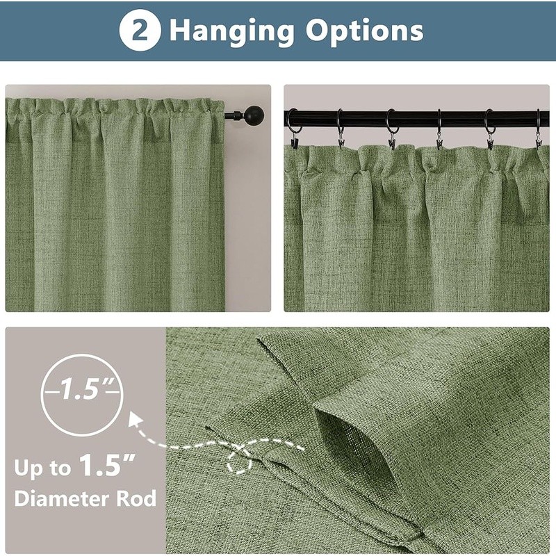 Light Filtering Faux Linen Window Curtains 2 Panels Green Machine Washable New