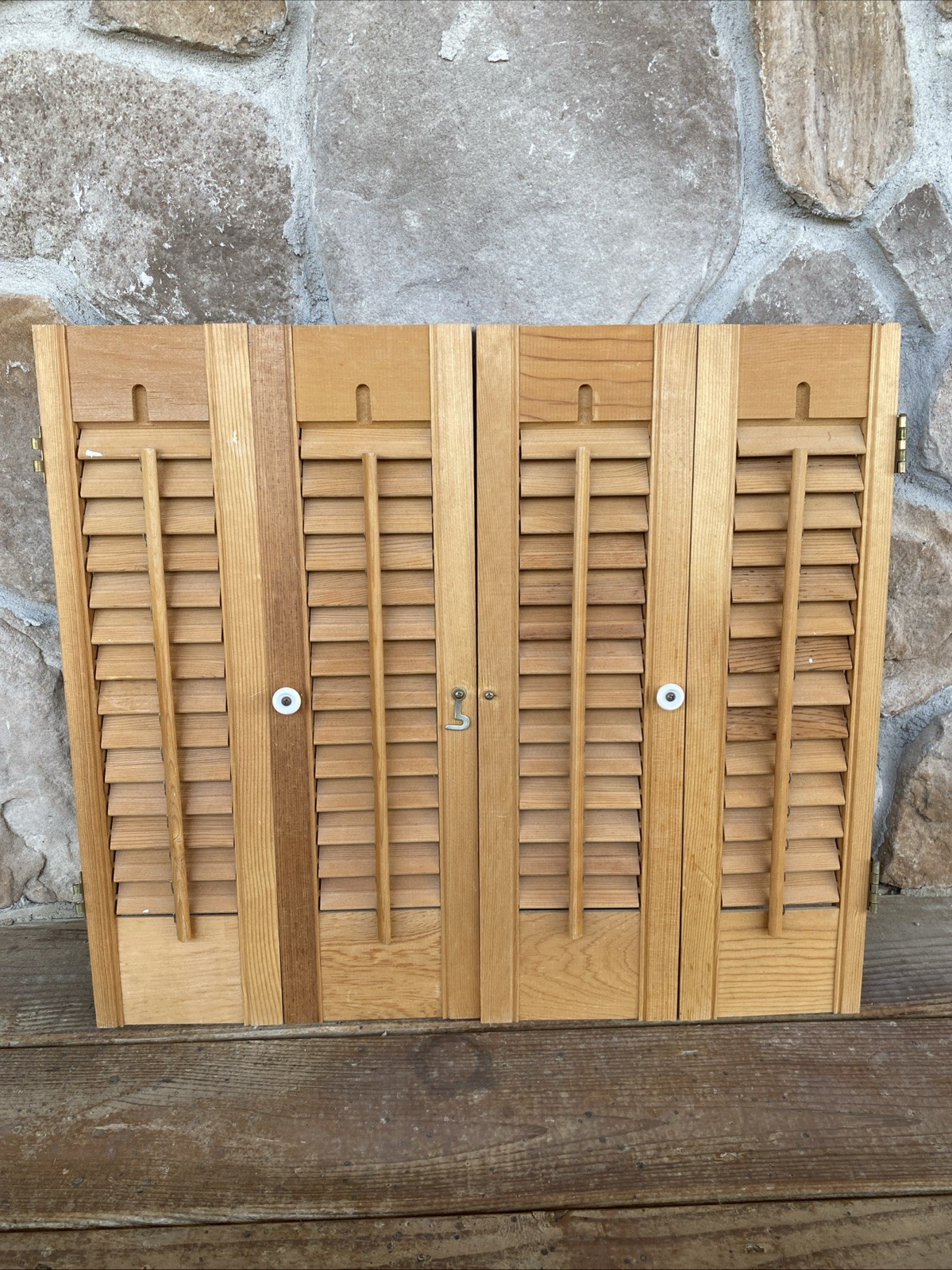 Vintage Plantation Window Shutters Set 20” Tall 23”W Wood Interior Louver Brown