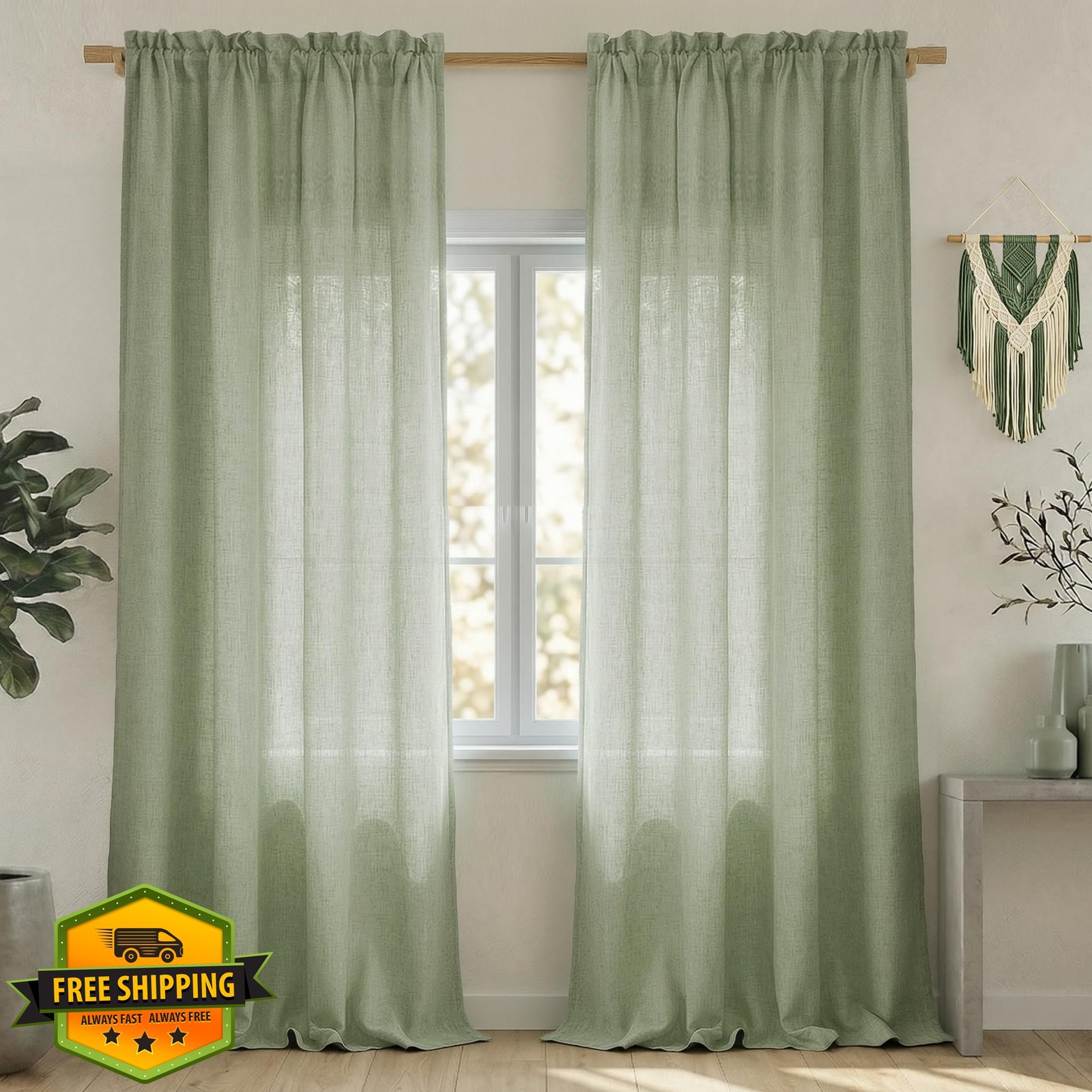 Mrs.Naturall Sage Green Curtains 96 Inches Long 2 Panel Set, Organic Linen Mo…