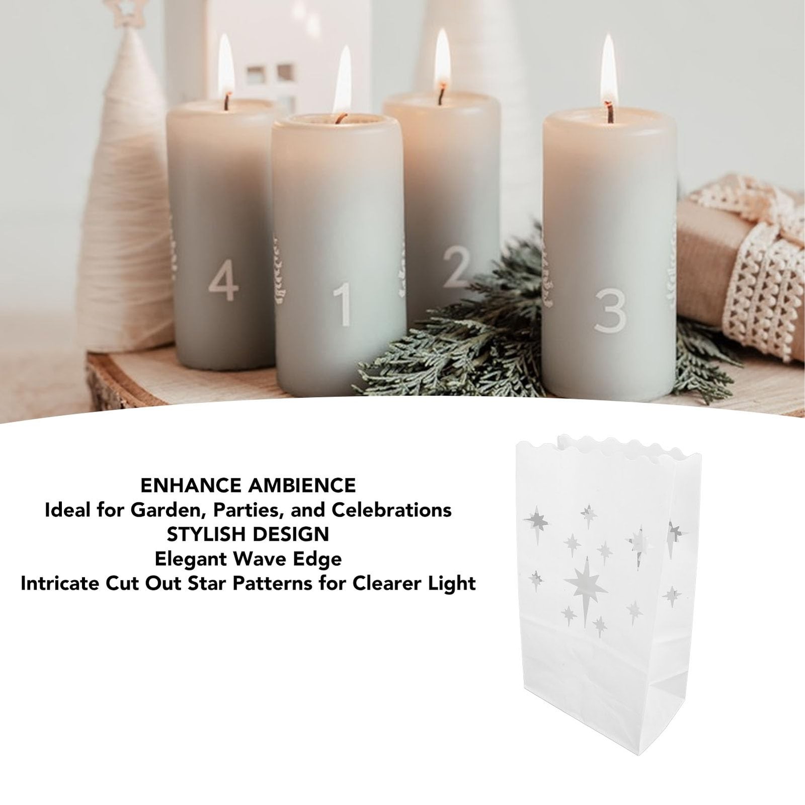 20 PCS White Luminary Bags Flame Resistant Stars Design Candle Lantern Bag