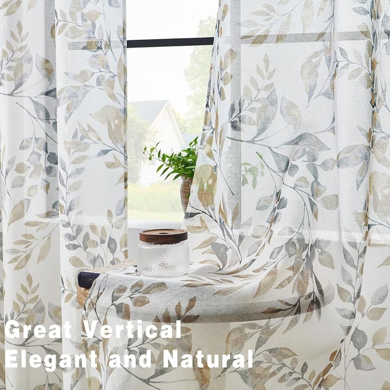 Farmhouse Botanical Leaf Print Curtains Durable Light Filtering Panels Easy Care