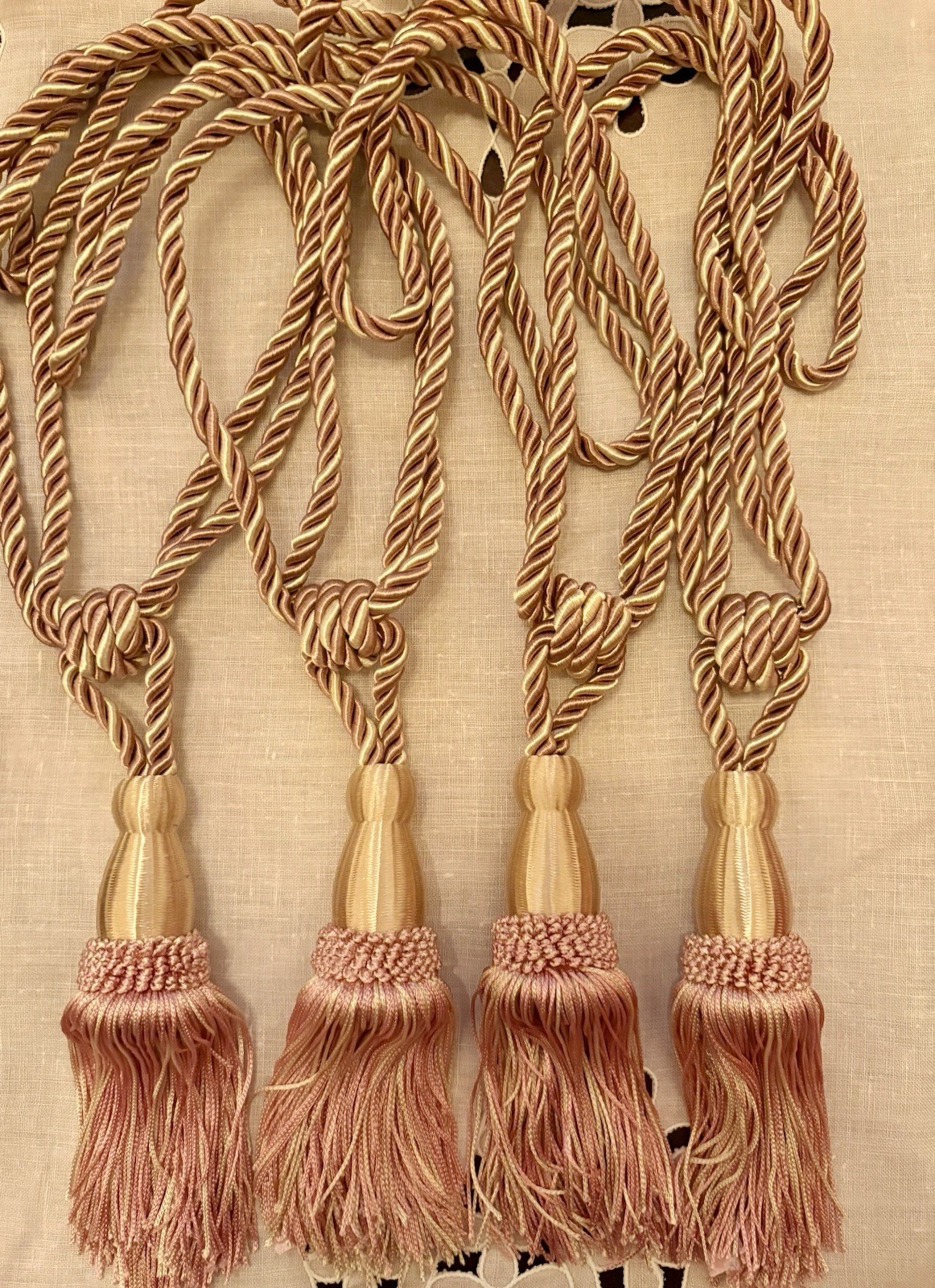 4 Large Vintage Curtain Tiebacks, Twisted, Light Pink And Gold-Tassel