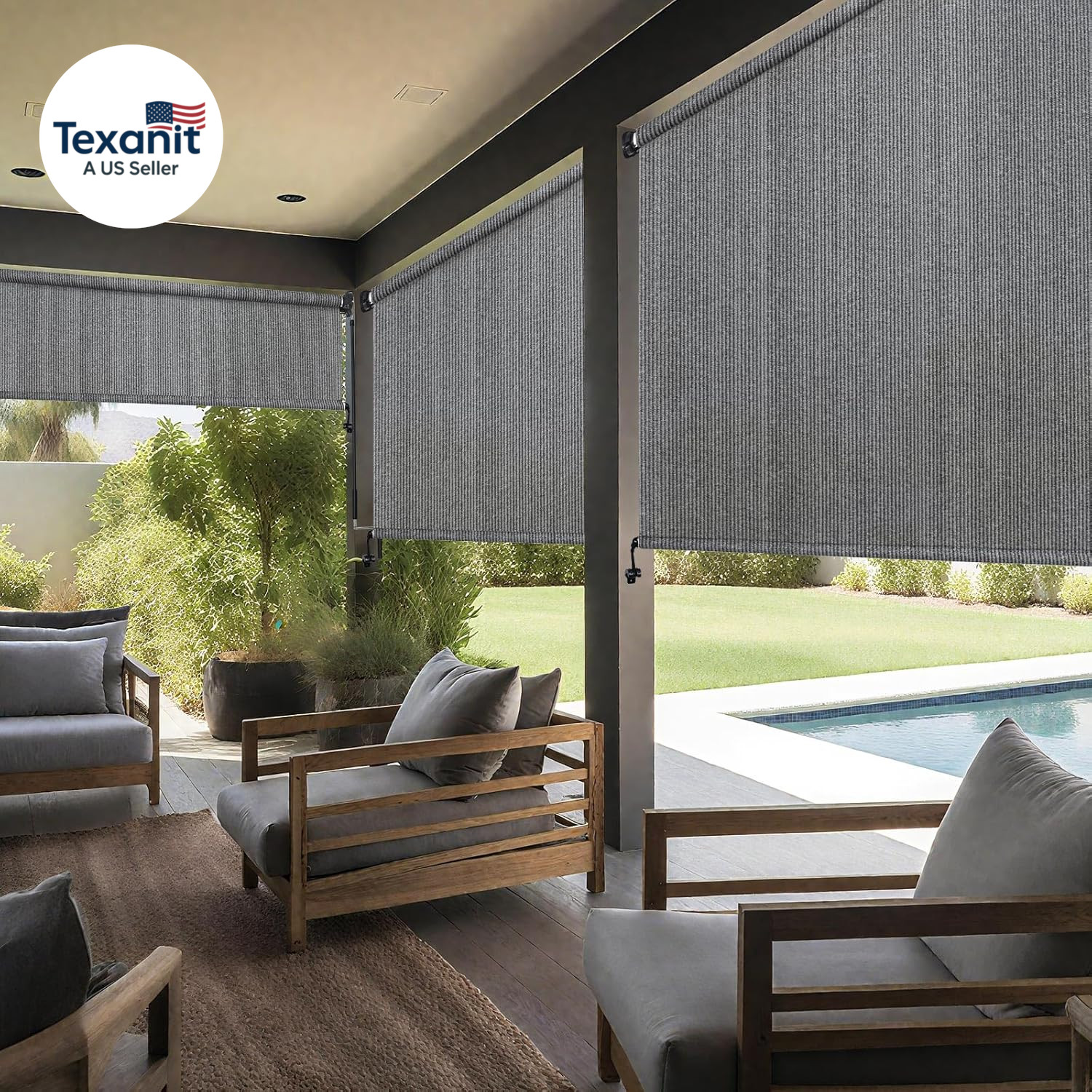 Outdoor Roller Shades with Splicing Design, 10′ W X 8′ H Exterior Cordless Patio