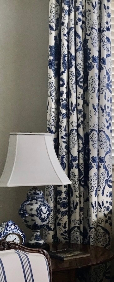 Pair of Vintage Schumacher Blue and White Curtains