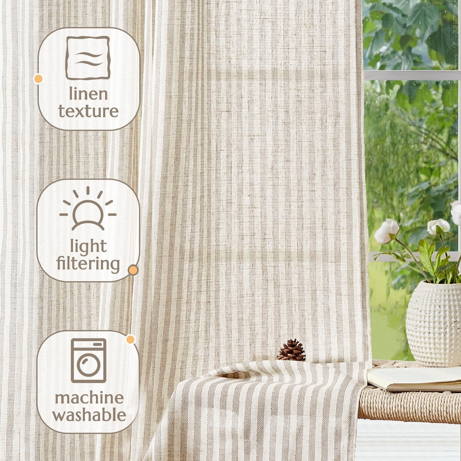 jinchan Linen Curtains Taupe Grey on Beige Striped Curtains for Living Room Bedr