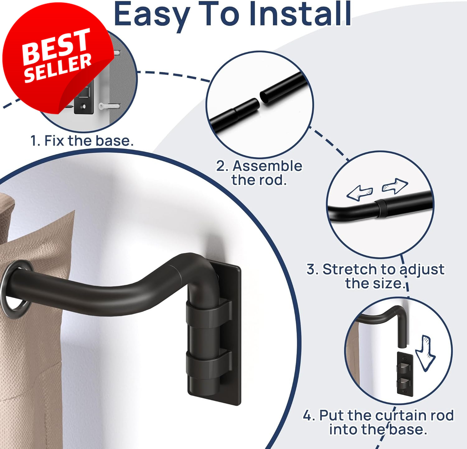 Blackout Curtain Rod Wrap Around 48-84in Adjustable Matte Black 5/8in – US