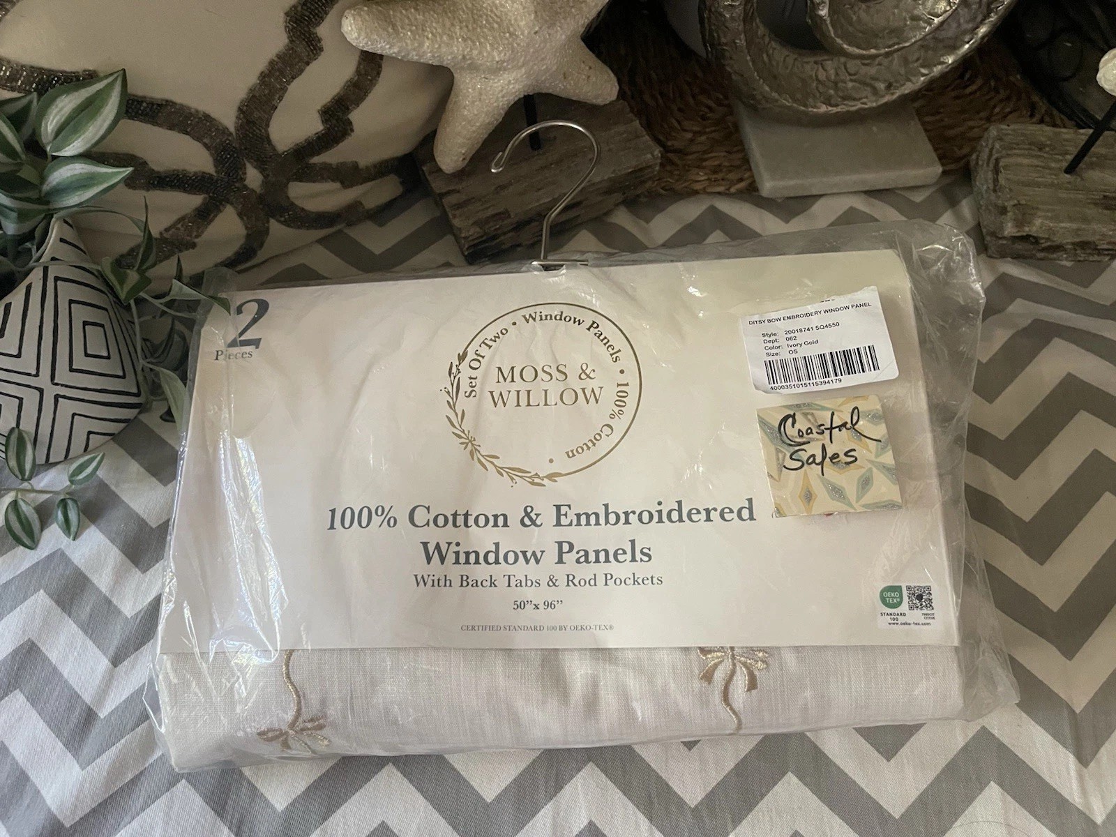 MOSS & WILLOW 100% Cotton Gold Embroidery Curtains Bows Ivory 50X96” NEW SET