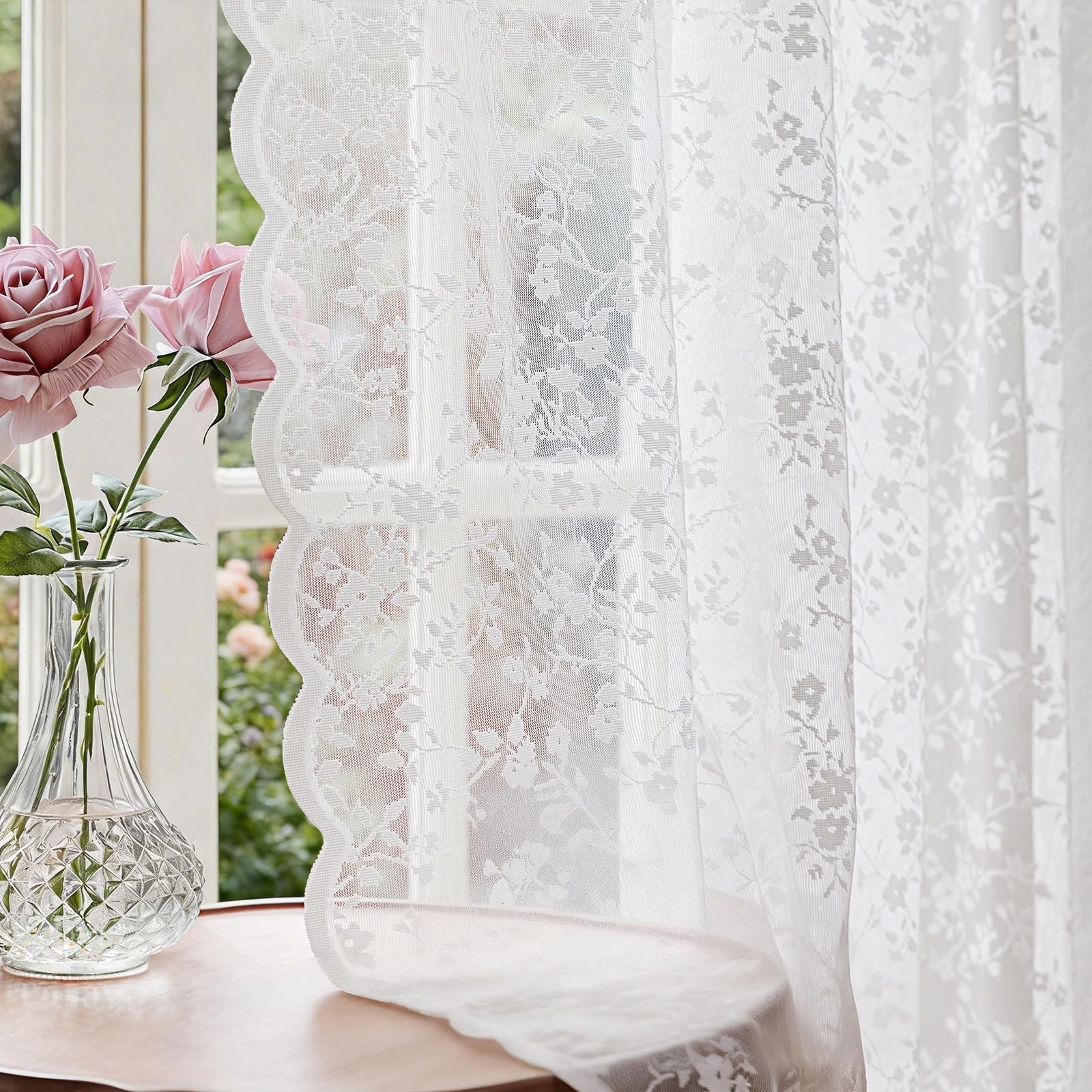 Anmao Lace Sheer Curtains 55″W x 45″L Pack of 2 White Blossom