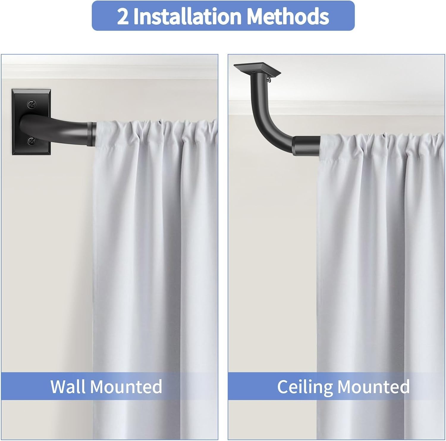 Black Curtain Rod Room Darkening Heavy Duty Modern Blackout Drapery 28-48 Inches