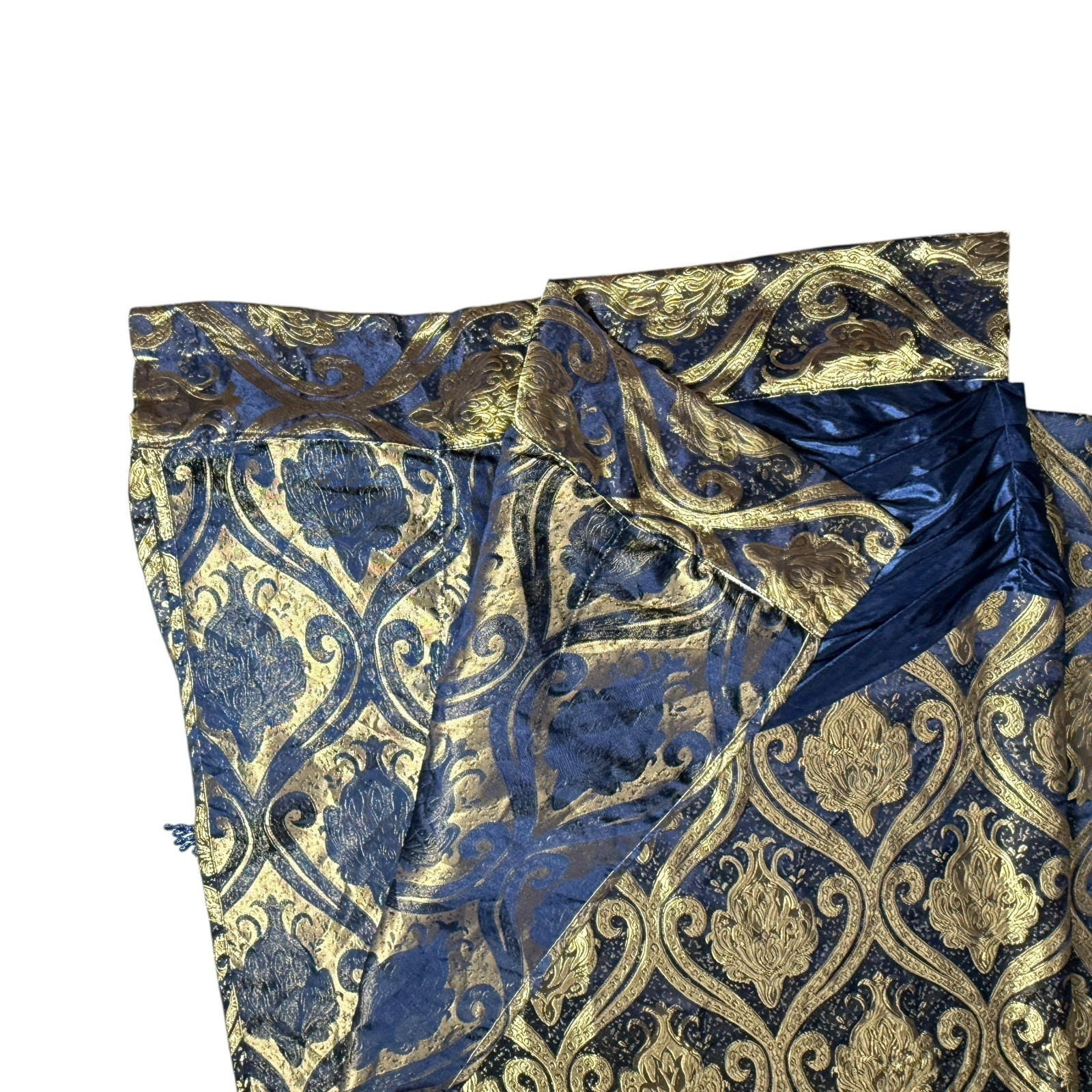Single Gold Blue Jacuard Curtain Panel Damask Printed Attached Valance Luxury