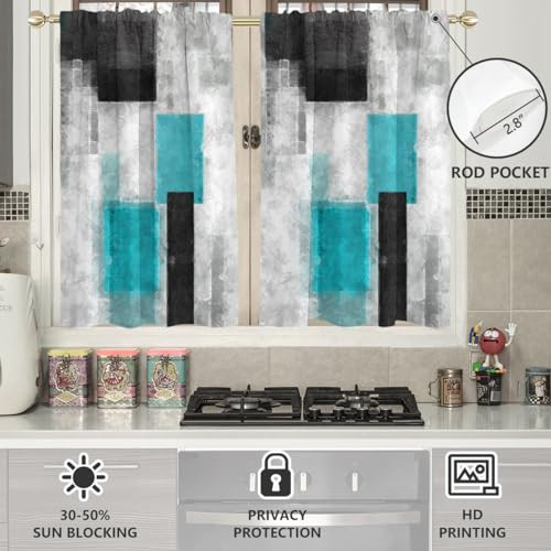 Teal Black and Grey Window Curtains for Kitchen Turquoise Aqua Gray Silver