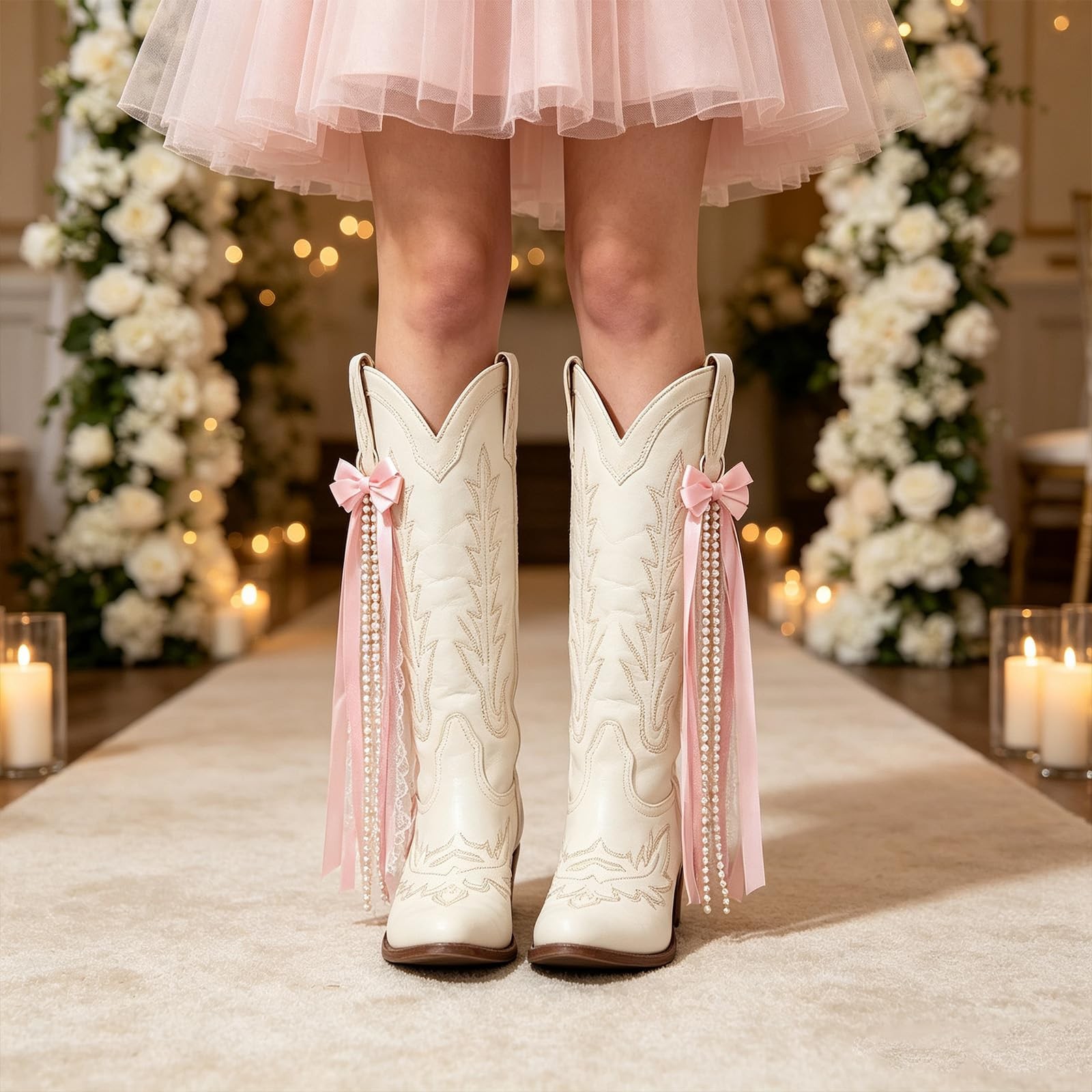 Pink Ribbon Western Boot Bow For Cowboy Boots Lace Bows Wedding Pearl Trim