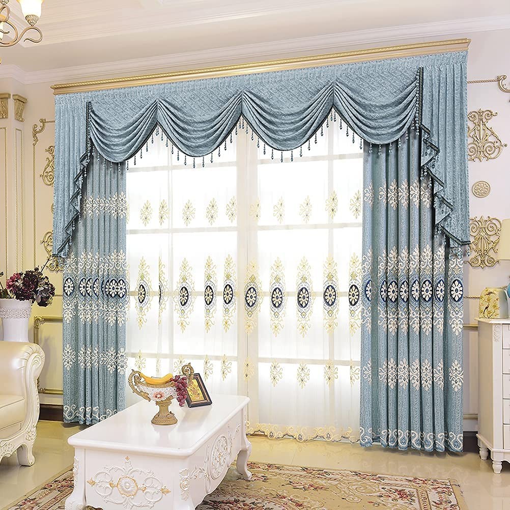 Jacquard Embroidered Curtains for Bedroom Luxury Blue Curtains for Living Roo…