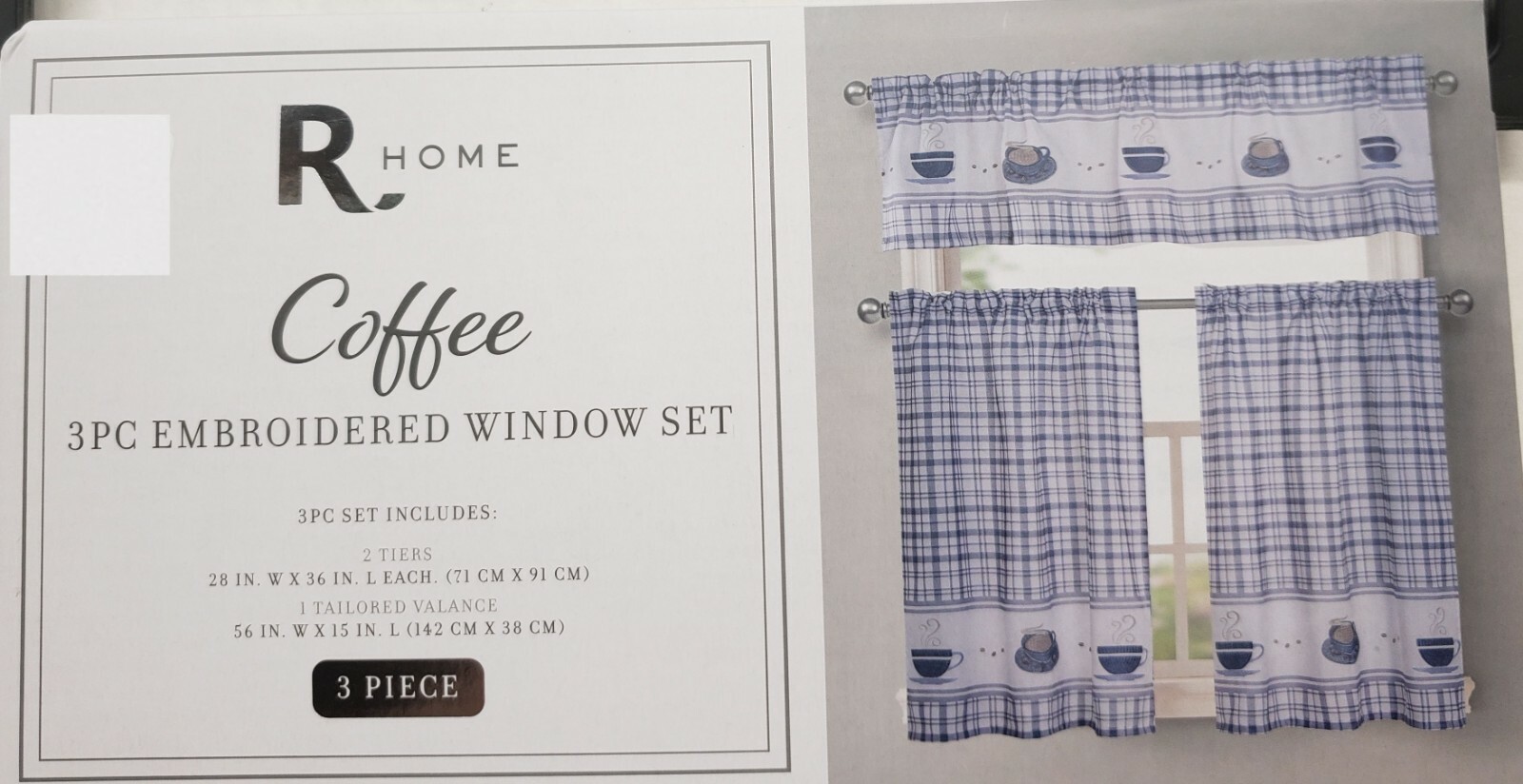Embroidered Kitchen Window Curtains Set:2 Tiers & Valance(56×15″) COFFEE CUPS,RH