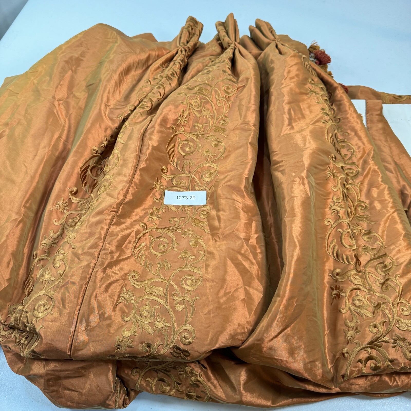 custom pinch pleat drape curtain panel brown damask floral beaded edge