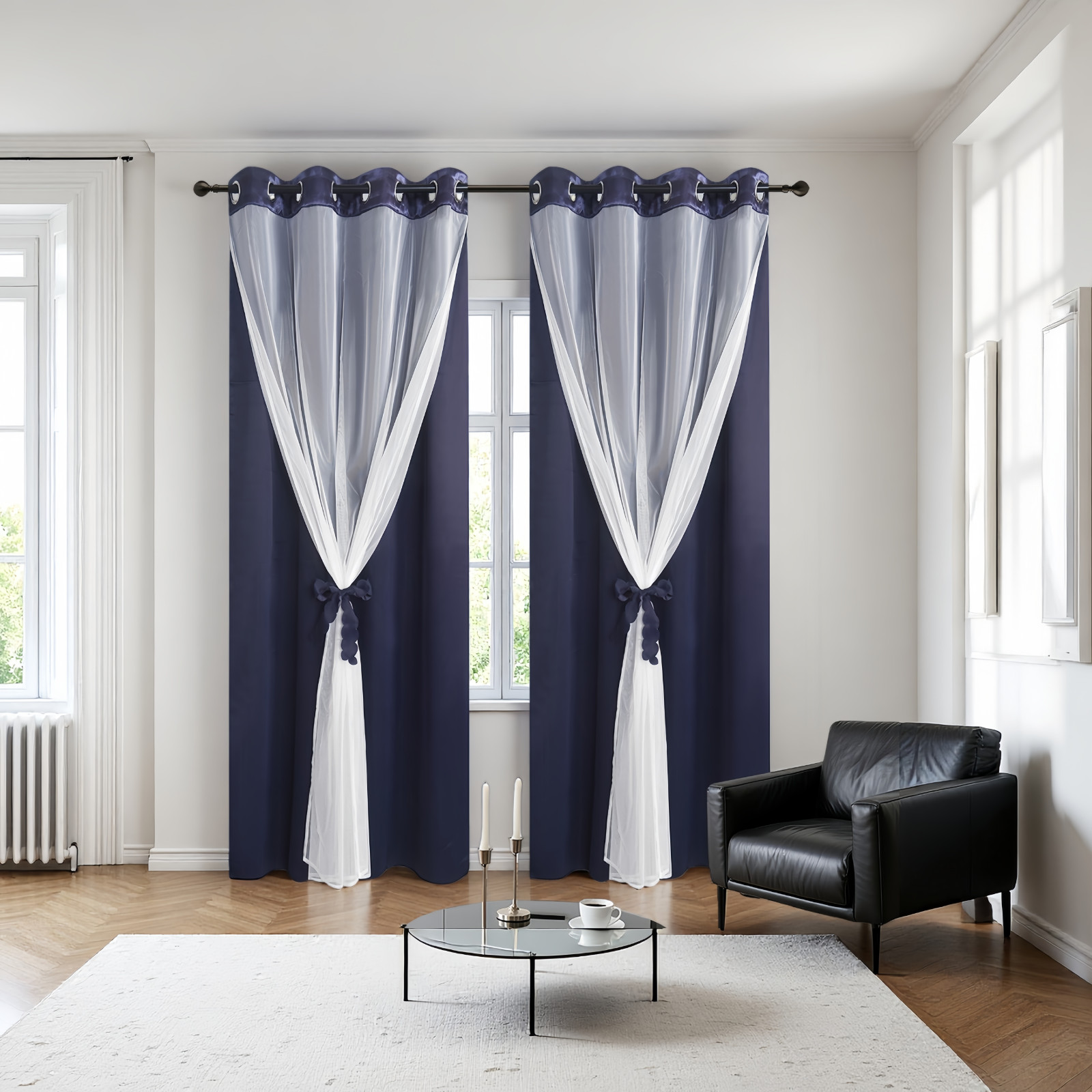2 Panels Double Layered Curtains with White Sheer Tulle, Grommet Drapes