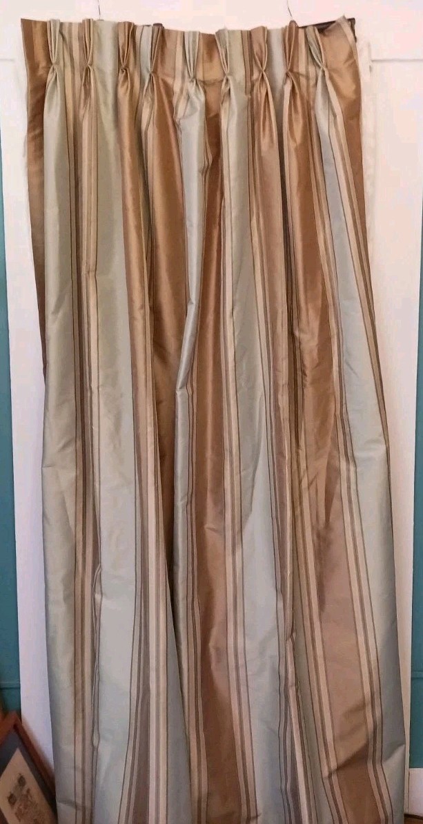 Set 2 Pinch Pleat Drapes Taupe Sage Stripe Lined Panels 36″ X 82″ each Faux Silk