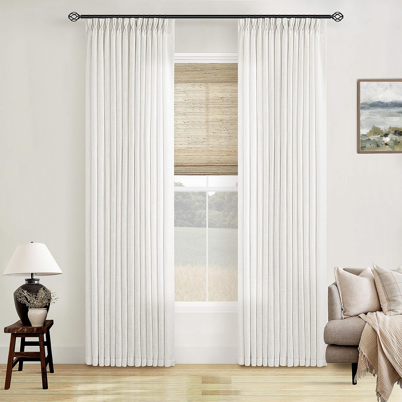 Beige White Linen Curtains Pinch Pleated 84 Inches Long for Living Room Bedroom