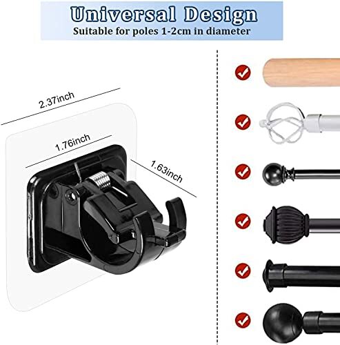 Curtain Rod Brackets No Drilling, 8 PCS Self Adhesive Curtain Rod 8 PCS Black