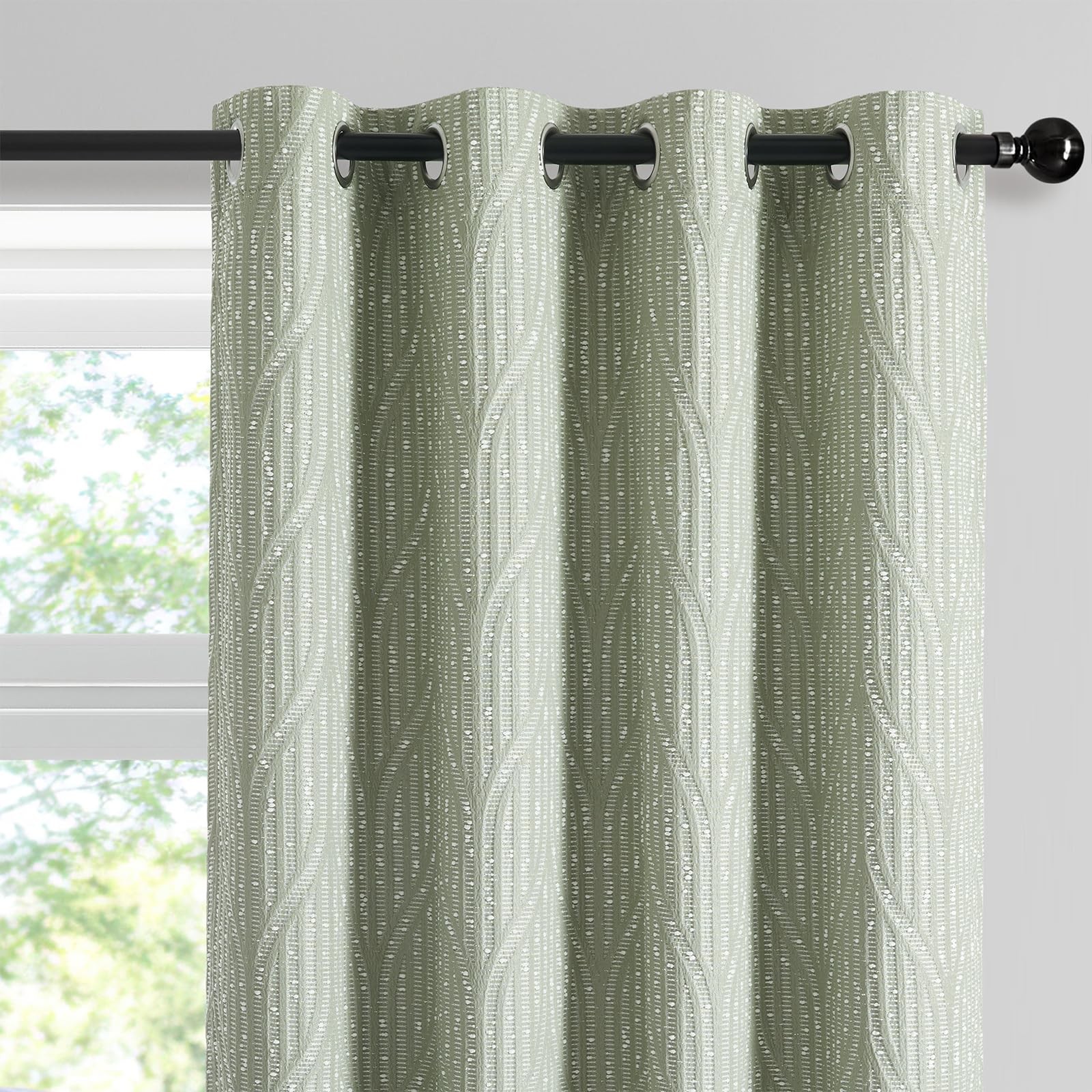 Drapexpert Green White 100% Blackout Geometric Jacquard Curtains Thermal