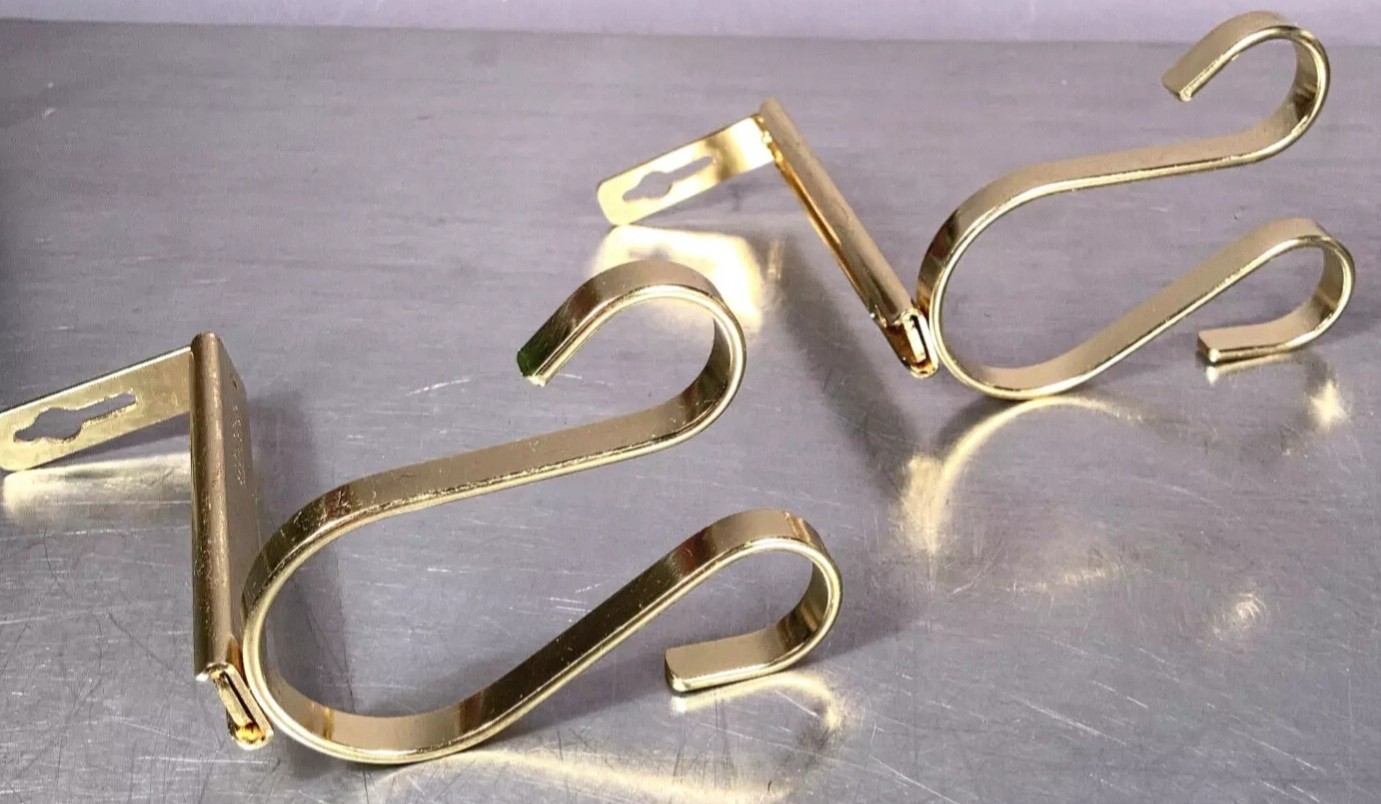 Set 4 Double Gooseneck Swag Drapery Hooks Hook Rosettes Bishop Sleeve Brass Tone