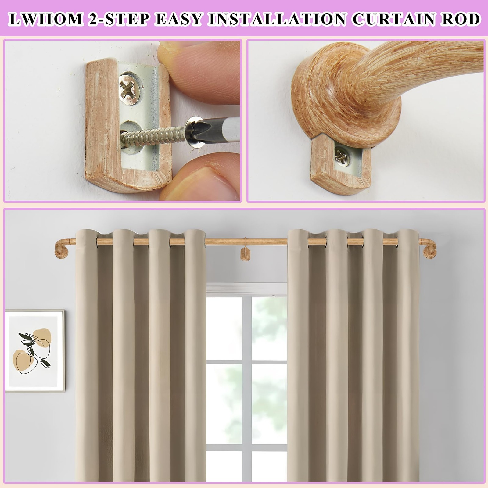 Light Wood Grain Disc Curtain Rods, 28-48 Inches 28-48″,